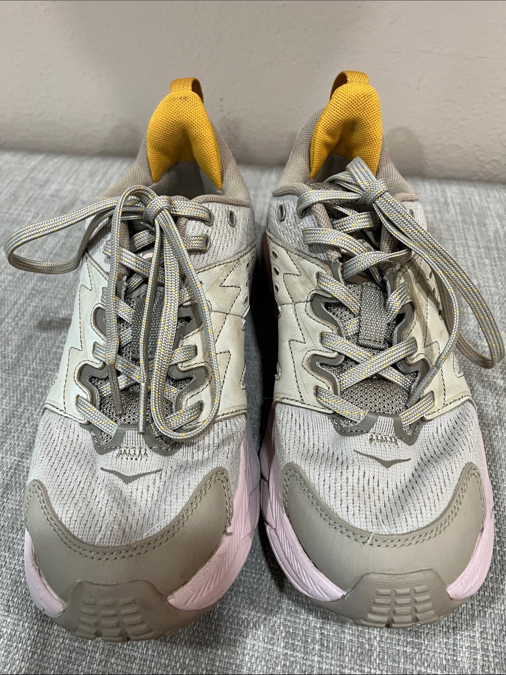 Hoka Women's Gray and Pink Sneakers with Yellow Liner